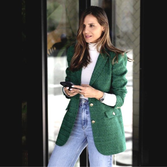 ZARA NEW WOMAN TEXTURED WEAVE TAILORED BLAZER JACKET GREEN 2761/062 Size S - Picture 3 of 15